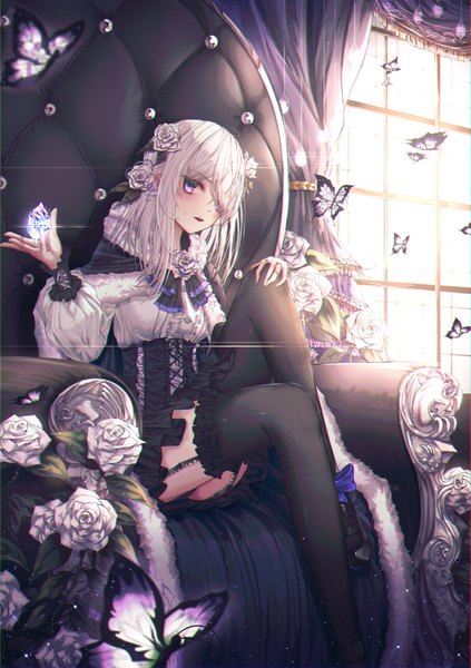 Anime picture 2817x4000 with original domi (hyaku8795) single long hair tall image looking at viewer blush fringe highres open mouth light erotic sitting purple eyes silver hair indoors long sleeves hair flower sunlight hair over one eye pantyshot