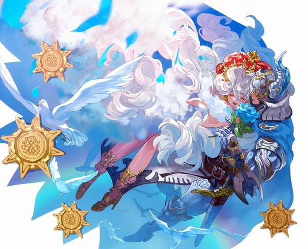 Anime picture 800x648 with original mayo (moyo) long hair sky cloud (clouds) white hair eyes closed horn (horns) hug wavy hair flying sheathed hug from behind girl boy flower (flowers) weapon hat animal sword