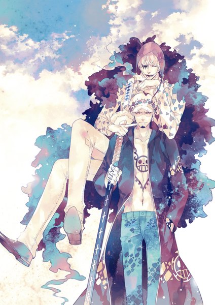 Anime picture 1158x1638 with one piece toei animation trafalgar law donquixote rocinante usarika tall image looking at viewer short hair blonde hair smile multiple boys tattoo lipstick crossed legs looking down smoke red lipstick hand in pocket smoking heart print