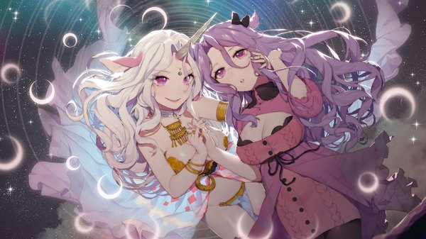 Anime picture 3000x1688 with original acidear long hair looking at viewer blush fringe highres breasts open mouth light erotic hair between eyes wide image purple eyes multiple girls animal ears payot cleavage purple hair ahoge white hair
