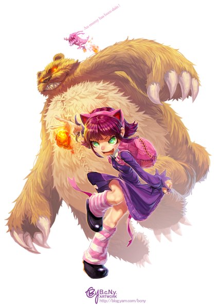 Anime picture 1000x1415 with league of legends annie (league of legends) tibbers (league of legends) b.c.n.y. (bcnyart) tall image short hair open mouth smile white background green eyes pink hair girl dress socks shoes striped socks bear