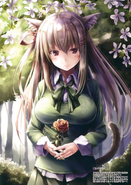 Anime picture 2334x3300 with original suien single long hair tall image looking at viewer blush fringe highres breasts smile hair between eyes brown hair large breasts brown eyes animal ears payot outdoors tail long sleeves
