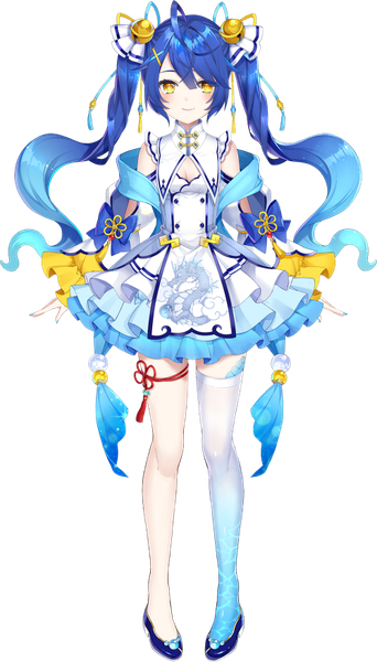 Anime picture 500x875 with virtual youtuber nijisanji amamiya kokoro shiori (xxxsi) single long hair tall image looking at viewer blush fringe smile hair between eyes standing twintails yellow eyes blue hair full body ahoge official art transparent background