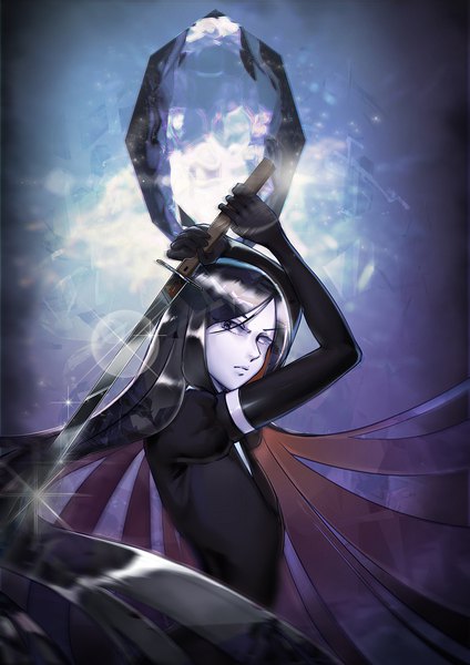 Anime picture 827x1169 with houseki no kuni bort siam (meow13) single long hair tall image looking at viewer blue eyes black hair upper body arms up sparkle floating hair fighting stance androgynous gloves weapon sword black gloves elbow gloves