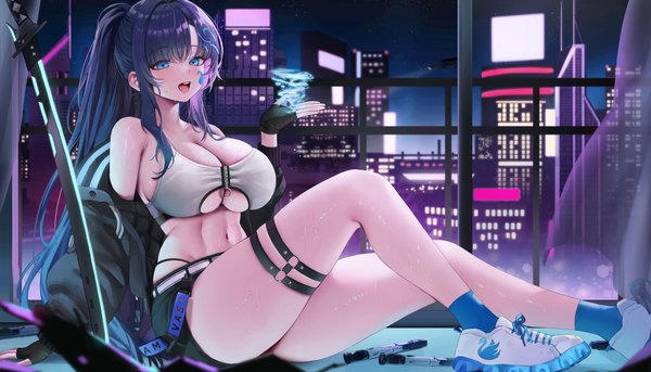 Anime picture 7000x4000 with original gompang 11 single long hair looking at viewer blush fringe highres breasts open mouth blue eyes light erotic wide image large breasts sitting bare shoulders payot blue hair absurdres full body
