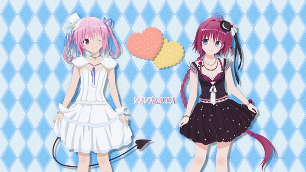 Anime picture 1920x1080 with toloveru toloveru darkness xebec nana asta deviluke kurosaki mea long hair highres short hair blue eyes wide image purple eyes twintails multiple girls pink hair red hair tail braid (braids) one eye closed wink short twintails