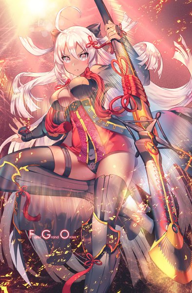 Anime picture 526x800 with fate (series) fate/grand order okita souji (fate) (all) okita souji alter (fate) yoshimoto (dear life) single tall image looking at viewer fringe breasts light erotic hair between eyes silver hair ahoge bent knee (knees) very long hair copyright name silver eyes girl weapon