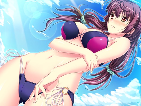 Anime picture 1024x768 with spocon! shinohara katsumi marushin (denwa0214) long hair blush light erotic red eyes twintails game cg purple hair cloud (clouds) low twintails girl navel swimsuit bikini