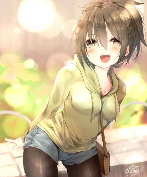 Anime picture 1665x2000 with original chita (ketchup) single tall image blush fringe short hair breasts open mouth smile hair between eyes brown hair brown eyes signed looking away cleavage blurry teeth leaning depth of field
