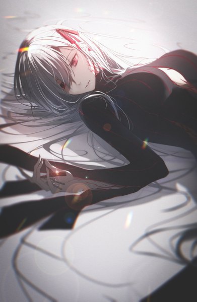 Anime picture 1109x1700 with fate (series) fate/stay night heaven's feel matou sakura dark sakura yoaferia single long hair tall image fringe red eyes looking away silver hair lying parted lips hair over one eye sparkle on back lens flare dark persona