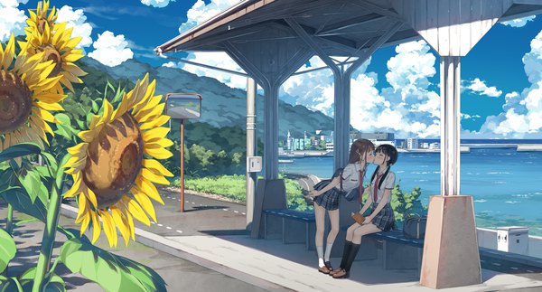 Anime picture 3500x1882 with 5 nenme no houkago kantoku long hair blush fringe highres black hair brown hair wide image standing sitting twintails multiple girls sky cloud (clouds) full body outdoors blunt bangs eyes closed short sleeves