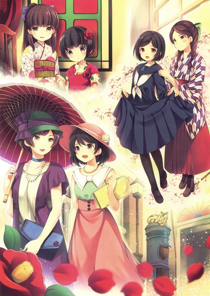 Anime picture 2342x3300 with original eshi 100-nin ten azuma yuki tall image blush highres short hair open mouth black hair brown hair purple eyes multiple girls brown eyes traditional clothes japanese clothes hair flower scan cherry blossoms yagasuri time paradox