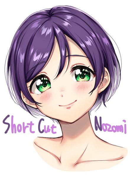 Anime picture 623x850 with love live! school idol project sunrise (studio) love live! toujou nozomi umeno (shio1205) single tall image looking at viewer blush short hair simple background smile white background green eyes purple hair character names portrait alternate hairstyle alternate hair length girl