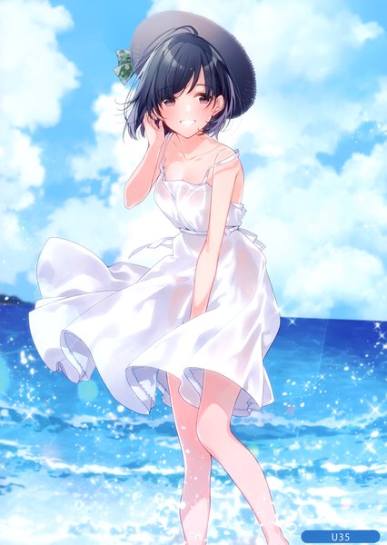 Anime picture 2099x2958 with melonbooks umiko (munemiu) single tall image looking at viewer blush fringe highres short hair black hair smile standing purple eyes bare shoulders signed sky cloud (clouds) outdoors wind scan