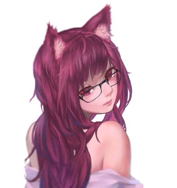 Anime picture 2365x2503 with original shou xun bu liang single long hair tall image looking at viewer fringe highres simple background red eyes white background bare shoulders animal ears purple hair upper body ahoge head tilt looking back light smile lips