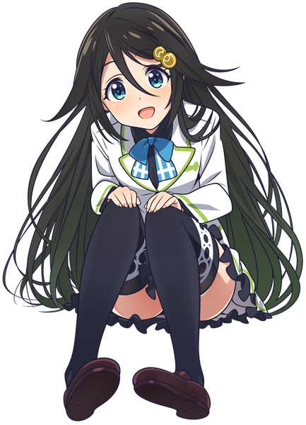 Anime picture 7046x9765 with musaigen no phantom world izumi reina yamaguchi satoshi single long hair tall image looking at viewer blush fringe highres open mouth blue eyes black hair hair between eyes sitting absurdres head tilt multicolored hair green hair two-tone hair