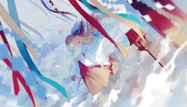 Anime-Bild 2600x1500 mit touhou hakurei reimu cui (jidanhaidaitang) single long hair highres blue eyes brown hair wide image standing looking away traditional clothes japanese clothes profile wind miko girl bow hair bow detached sleeves