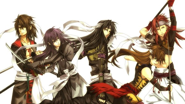 Anime picture 1600x900 with hakuouki shinsengumi kitan studio deen tagme (character) long hair black hair simple background brown hair wide image white background bare shoulders brown eyes green eyes red hair traditional clothes multiple boys group boy gloves ribbon (ribbons) weapon