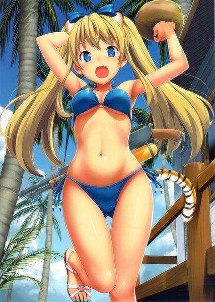 Anime picture 1945x2735 with original takayaki single long hair tall image highres open mouth blue eyes light erotic blonde hair twintails animal ears tail animal tail scan midriff girl swimsuit plant (plants) bikini