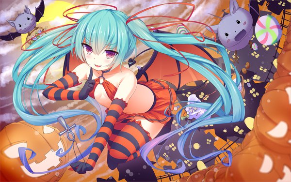 Anime picture 1914x1200 with vocaloid hatsune miku papino single blush highres open mouth light erotic red eyes twintails very long hair aqua hair halloween girl thighhighs gloves ribbon (ribbons) hair ribbon wings elbow gloves