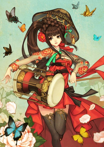 Anime picture 1200x1680 with original obsidian single long hair tall image fringe brown hair brown eyes sky bent knee (knees) braid (braids) traditional clothes parted lips hair flower side ponytail korean clothes girl thighhighs dress hair ornament