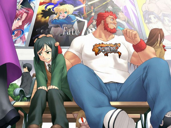 Anime picture 1024x768 with fate (series) fate/stay night studio deen type-moon rider (fate/zero) waver velvet neko-arc fringe brown hair sitting green eyes looking away red hair green hair happy muscle food sweets ice cream jeans