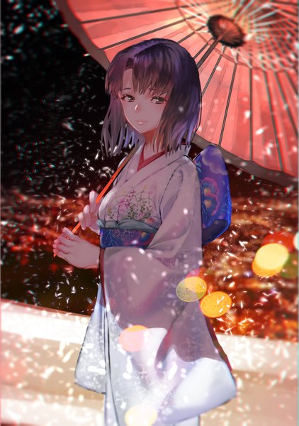 Anime picture 2425x3445 with fate (series) fate/grand order kara no kyoukai type-moon ryougi shiki rolua single tall image looking at viewer fringe highres short hair brown hair standing holding brown eyes traditional clothes japanese clothes girl kimono