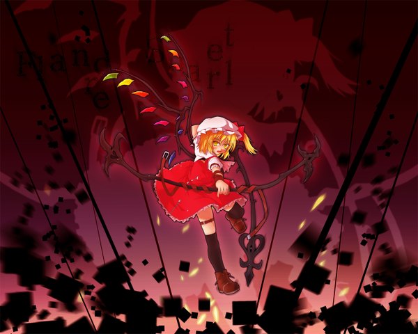 Anime picture 1280x1024 with touhou flandre scarlet etogami kazuya looking at viewer short hair open mouth blonde hair yellow eyes full body one side up silhouette girl thighhighs dress weapon black thighhighs wings shoes thigh strap red dress