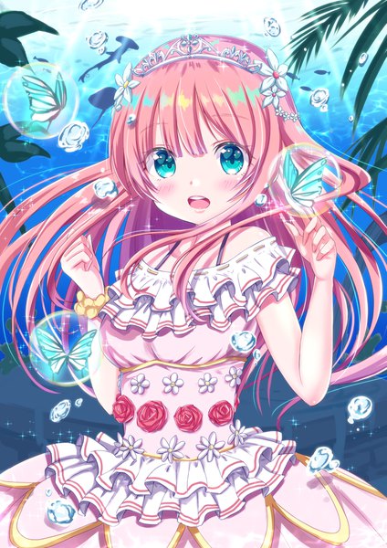 Anime picture 2894x4092 with original tenzeru single long hair tall image looking at viewer blush fringe highres open mouth smile hair between eyes standing bare shoulders pink hair :d hair flower aqua eyes sunlight off shoulder