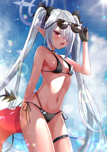 Anime picture 1131x1600 with blue archive iori (blue archive) iori (swimsuit) (blue archive) sese nagi single tall image blush fringe open mouth light erotic red eyes twintails signed sky silver hair cloud (clouds) outdoors tail very long hair pointy ears