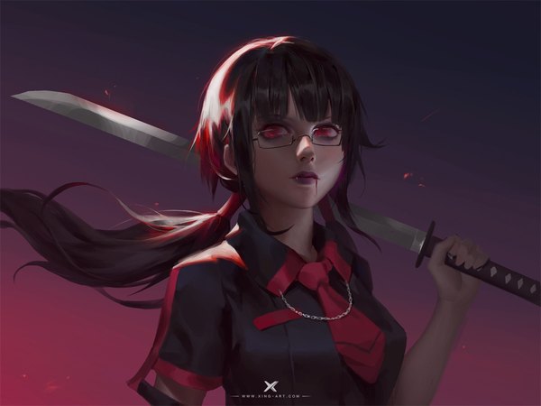 Anime-Bild 1920x1440 mit blood+ production i.g kisaragi saya starlab single long hair highres black hair red eyes twintails upper body fang (fangs) gradient background low twintails vampire weapon over shoulder girl uniform weapon school uniform