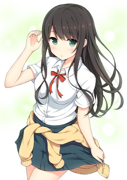 Anime picture 850x1200 with original nakamura sumikage single long hair tall image looking at viewer blush fringe breasts black hair simple background holding green eyes payot parted lips pleated skirt arm up :o short sleeves adjusting hair