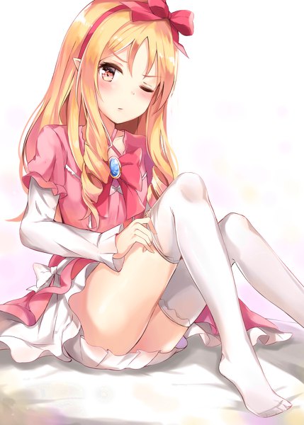 Anime picture 858x1200 with eromanga sensei a-1 pictures yamada elf konka single long hair tall image blush light erotic simple background blonde hair red eyes sitting one eye closed pointy ears drill hair girl thighhighs bow hair bow