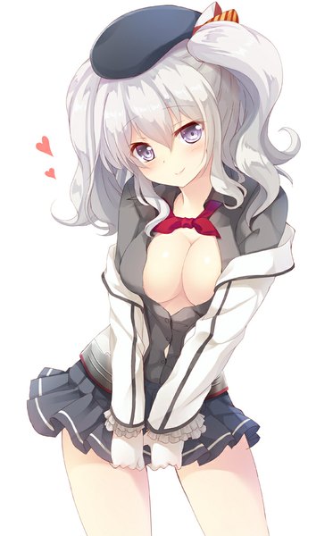 Anime picture 622x1000 with kantai collection kashima training cruiser izumi akane single long hair tall image looking at viewer blush fringe breasts light erotic simple background smile white background twintails purple eyes silver hair open shirt girl skirt