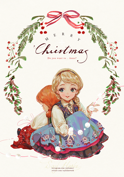 Anime picture 695x987 with frozen (disney) disney elsa (frozen) anna (frozen) say hana long hair tall image blue eyes blonde hair white background sitting multiple girls braid (braids) orange hair text single braid christmas siblings back to back sisters