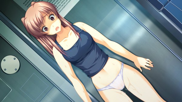 Anime picture 1600x900 with artemis blue long hair open mouth light erotic brown hair wide image brown eyes game cg pussy juice girl underwear panties