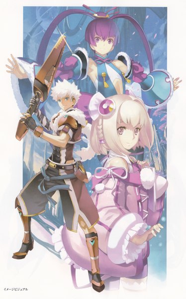 Anime picture 2137x3426 with ar tonelico ar tonelico iii gust (company) saki (ar tonelico) finnel aoto (ar tonelico) nagi ryou long hair tall image looking at viewer fringe highres short hair blue eyes blonde hair smile hair between eyes purple eyes twintails bare shoulders