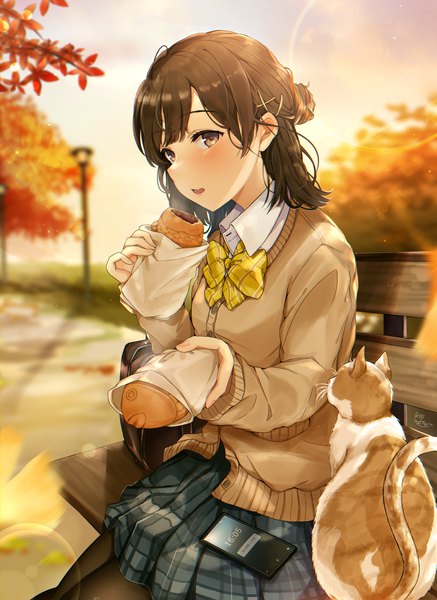 Anime picture 1499x2059 with original hisao 0111 single tall image looking at viewer blush fringe short hair open mouth brown hair sitting holding brown eyes signed sky outdoors long sleeves :d blurry hair bun (hair buns)