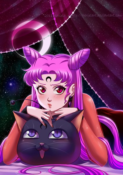 Anime picture 707x1000 with bishoujo senshi sailor moon toei animation chibiusa black lady luna p alexielart long hair tall image blush red eyes twintails signed pink hair lying pink eyes night hair bun (hair buns) embarrassed night sky crescent