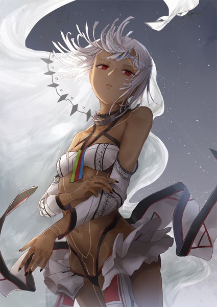Anime picture 724x1023 with fate (series) fate/grand order fate/extra fate/extella altera (fate) kachi single tall image looking at viewer fringe short hair open mouth light erotic red eyes standing bare shoulders white hair nail polish fingernails floating hair