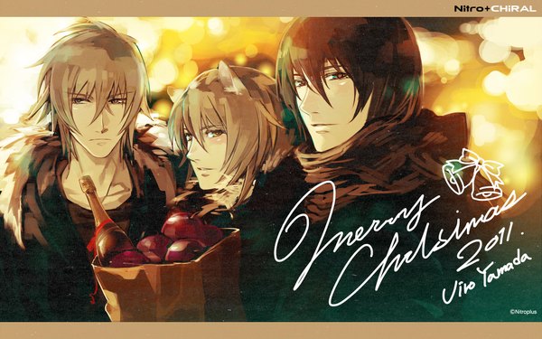 Anime picture 1920x1200 with togainu no chi lamento sweet pool nitro+chiral konoe akira (tnc) youji sakiyama highres short hair black hair blonde hair brown hair brown eyes animal ears yellow eyes cat ears open clothes open jacket multiple boys christmas