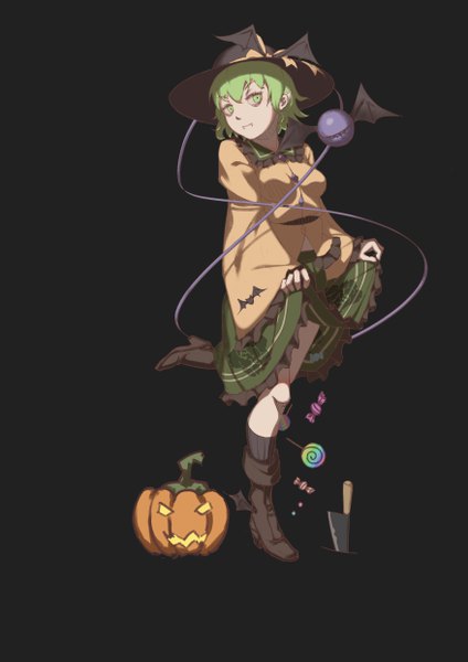 Anime picture 3507x4960 with touhou komeiji koishi zuosi zhichu single tall image highres short hair simple background standing green eyes looking away absurdres full body green hair fang (fangs) black background standing on one leg halloween skirt hold girl