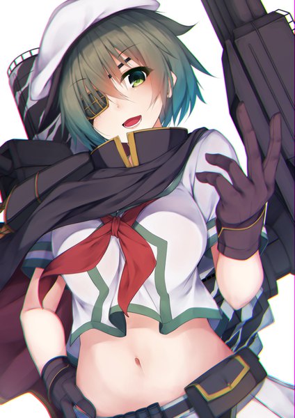Anime picture 1157x1637 with kantai collection kiso light cruiser waterdog single tall image looking at viewer blush fringe short hair open mouth simple background smile hair between eyes white background green eyes green hair midriff hand on hip girl gloves