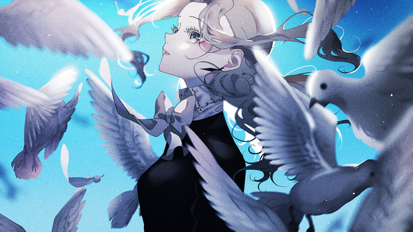 Anime picture 2667x1500 with original p (pkochan) single long hair highres wide image upper body profile wind grey hair grey eyes looking up girl animal bowtie bird (birds) feather (feathers) pigeon