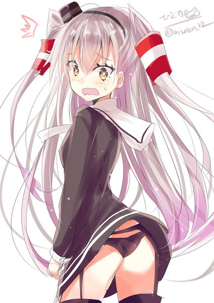 Anime picture 1240x1754 with kantai collection amatsukaze destroyer hizaka single long hair tall image looking at viewer blush fringe open mouth light erotic simple background hair between eyes standing white background signed yellow eyes silver hair ass looking back