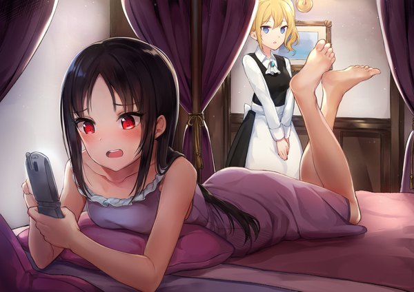 Anime picture 4093x2894 with kaguya-sama wa kokurasetai ~tensai-tachi no renai zunousen~ a-1 pictures shinomiya kaguya hayasaka ai bada (jksh5056) long hair looking at viewer blush fringe highres short hair breasts open mouth blue eyes black hair blonde hair red eyes standing bare shoulders multiple girls