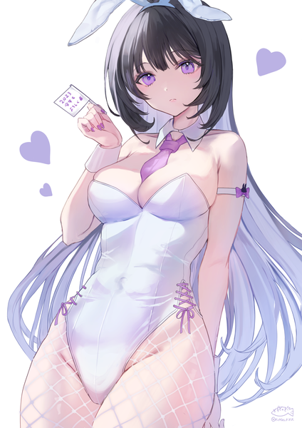 Anime picture 2480x3508 with original nagi (pickles pipipi) single long hair tall image looking at viewer highres breasts light erotic black hair large breasts white background purple eyes holding animal ears purple hair nail polish multicolored hair from below bunny ears