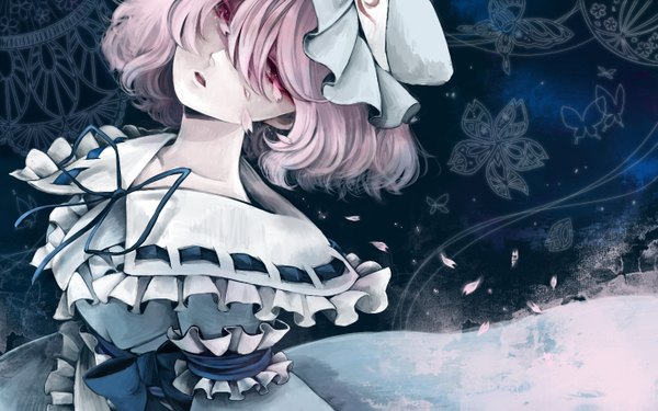 Anime picture 1440x900 with touhou saigyouji yuyuko yonago single looking at viewer short hair open mouth red eyes wide image pink hair tears girl dress petals frills bonnet