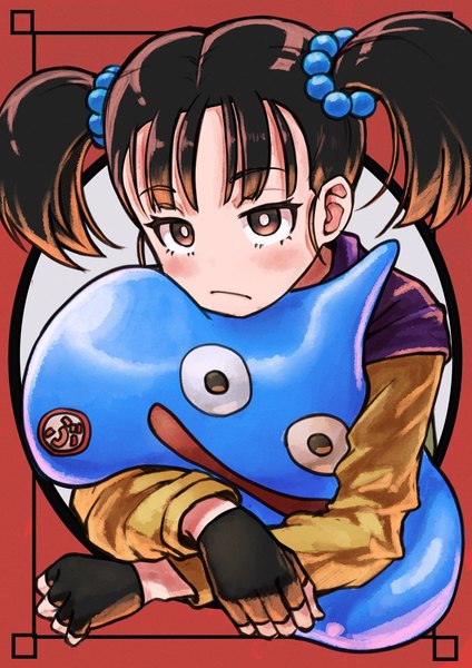 Anime picture 1240x1754 with dragon quest dragon quest iii slime (dragon quest) fighter (dq3) neko (hansinn) single tall image blush fringe short hair brown hair twintails brown eyes looking away upper body short twintails framed girl gloves hair ornament