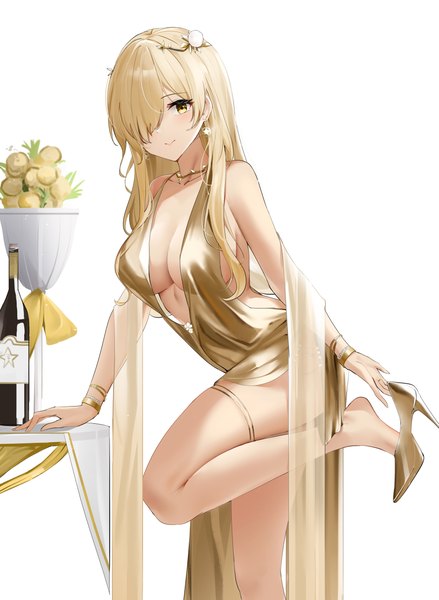 Anime picture 3684x5030 with azur lane nevada (a magnificent banquet) (azur lane) nevada (azur lane) qing wu single long hair tall image looking at viewer fringe highres breasts light erotic simple background blonde hair large breasts standing white background yellow eyes absurdres cleavage